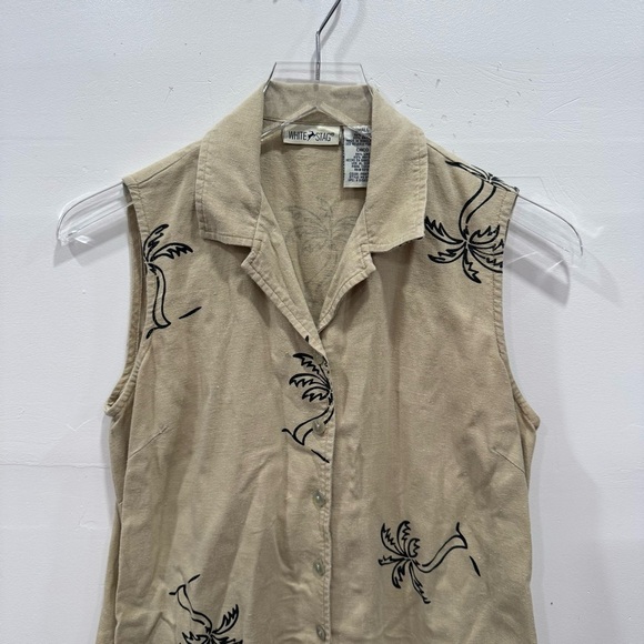 Vintage White Stag Sleeveless Rayon Linen Shirt Dress Printed Palm Tree - Picture 3 of 6
